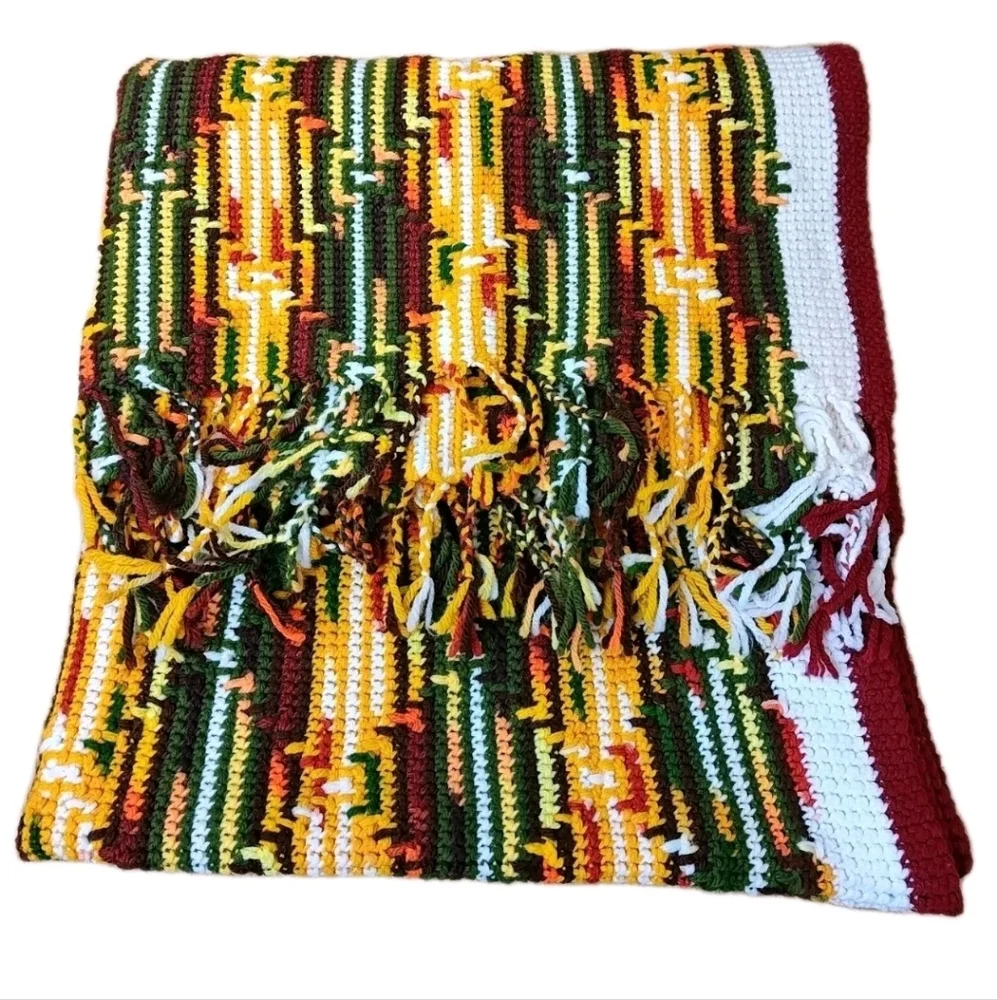 Retro 70s Fringed Crochet Blanket Scarf Wrap Shawl Handmade Lap Throw Fall 36/72